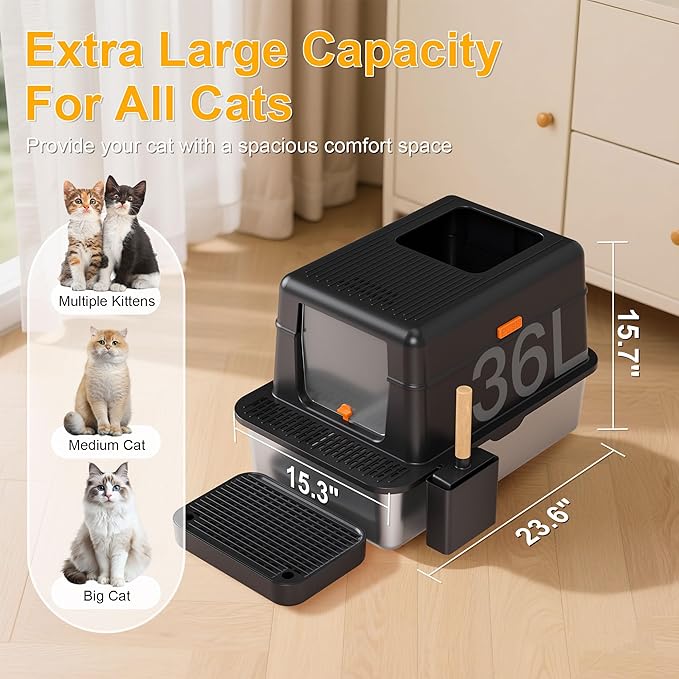 Enclosed Stainless Steel Litter Box with Lid, 20L Metal Enclosed Litter Box for Big Cat, Flip-Top Design with Anti-Leakage High Sides, Cat Lovers Gifts（Black）
