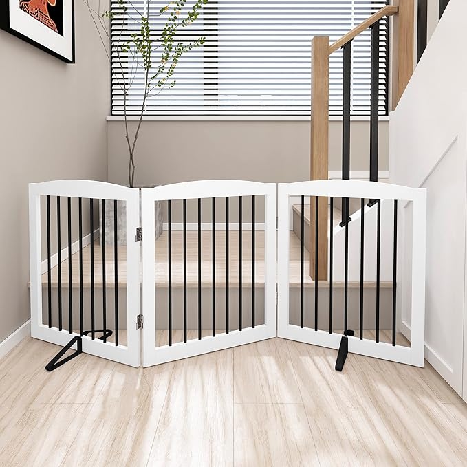 Freestanding Wooden Pet Gate for House, Foldable Indoor Dog Gate for Doorways, Stairs - 24" Height, 3 Panels, White