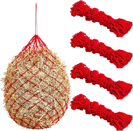 Fabbay 4 Pcs Slow Feed Hay Net Feeder Hay Bag for Horses Slow Feeder 40 Inch Length with 2 Inch Holes Hanging Horse Feed Net for Goat Cattle Equine Stalls Barn Supplies(Red)