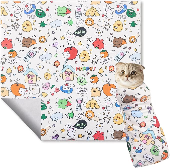 27.6" Cat Wrap for Cutting Nails, Self-Adhesive Cat Grooming Wrap Anti-Escape Cat Restraint for Nail Clipping Cat Swaddle Wrap Cat Wrapping Cloth for Pet Cleaning and Beauty (Within 15lbs)