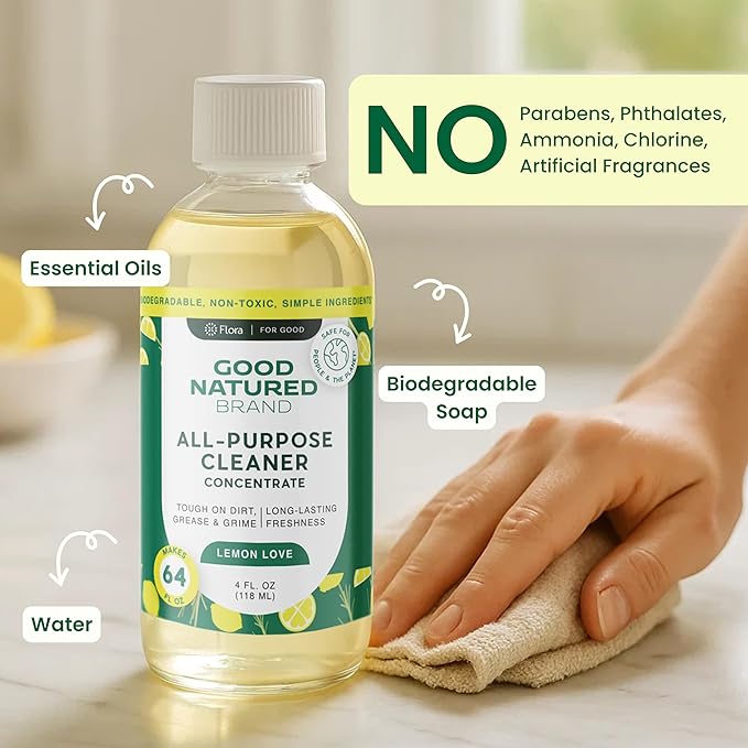 Good Natured Brand All-Purpose Cleaner Concentrate | Multi-Surface Cleaner | Natural Lemon Essential Oil | Multipurpose Cleaner Concentrate All Surfaces | Lemon Love | 4oz makes 64oz