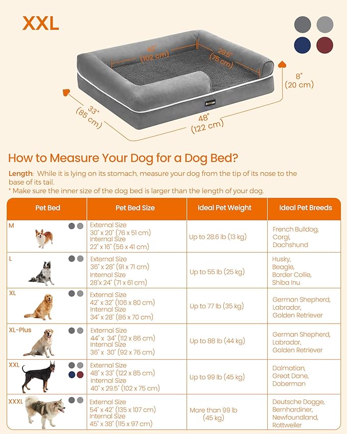 Feandrea Orthopedic Dog Bed, Large Dog Bed Waterproof, Removable Washable Cover Sofa with Non-Slip Bottom, Raised Edges, 48 x 33 x 8 Inches, Light Gray UPGW078G02V1