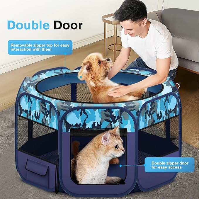 Dog Playpen, Pet Playpen, Portable Cat Playpen, Pop Up Foldable Puppy Playpen Exercise Kennel Tent with Carry Case Collapsible Bowl,Water-Resistant Shade Cover for Outdoor Indoor Travel (Large)