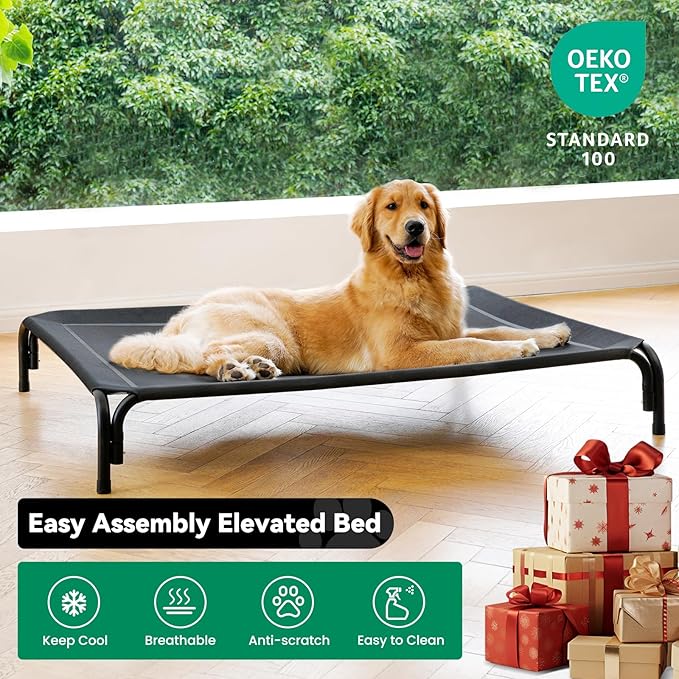 Elevated Dog Bed Raised Outdoor Dog Cot for Extra Large Dogs, Installation Requires No Tools, Frame with Washable Cooling Breathable Mesh Anti-Slip Feet, Indoor Pet Bed, Black, 48.8 Inches