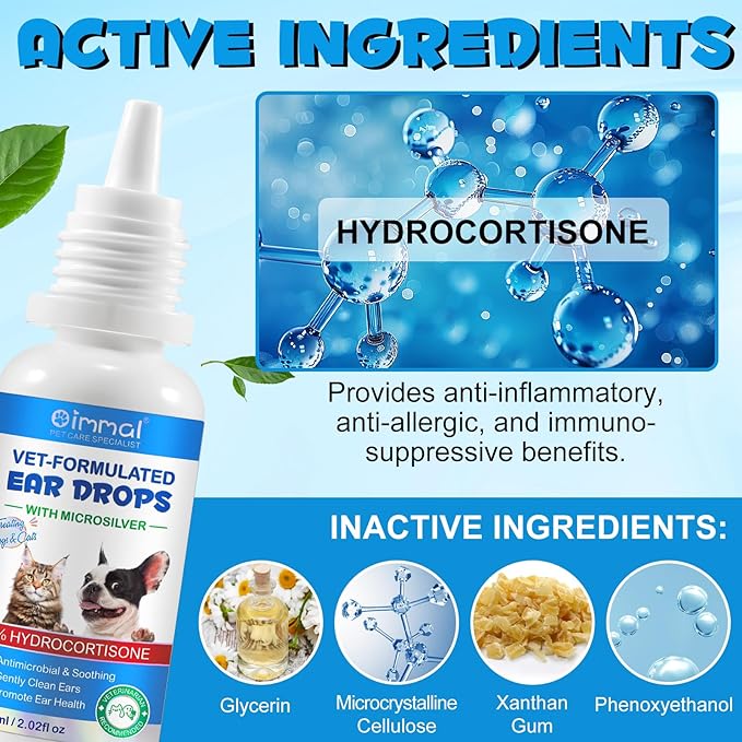 Dog Cat Ear Infection Treatment Drops, Pets Ear Cleaning Drops with 1% Hydrocortisone for Dog & Cats Yeast Infection, Itchy Ear Relief, Pet Ear Care Supplies for Dogs & Cats -2fl oz(2PCS)