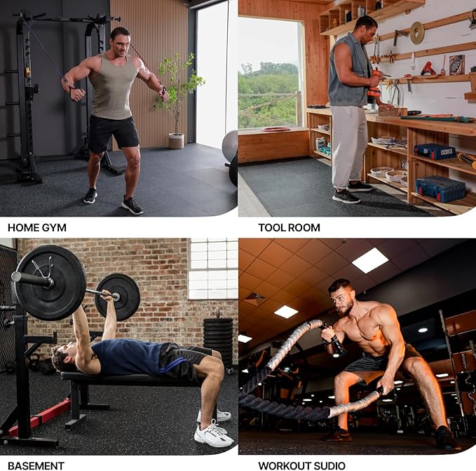 AIRHOP 0.79in Thick 48 Sq Ft Exercise Equipment Mats, 12 Tiles Upgraded Rubber Top with High Density EVA Foam, Large Interlocking Puzzle Gym Flooring for Home Gym, Heavy Weight Workout,Black & Blue