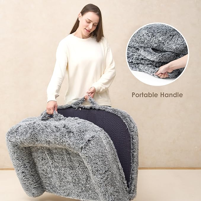 EHEYCIGA Foldable XL Dog Bed, Faux Fur Fluffy Pet Couch Bed for Large Dogs, Orthopedic Calming Memory Foam Big Pet Bed, Washable Soft Pet Sofa Bed with Non-Slip Bottom, Grey, 46"x34"x6.5"