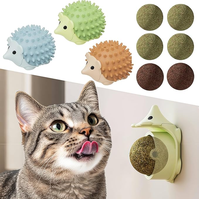 6 Pcs Catnip Ball Toys with Rubbing Shell, Lickable Roller Catnip Toys for Cats Chew, Edible and Refillable Kitten Toys, Teeth Cleaning Dental Indoor Cat Treats Toys, 3 Shells 6 Balls
