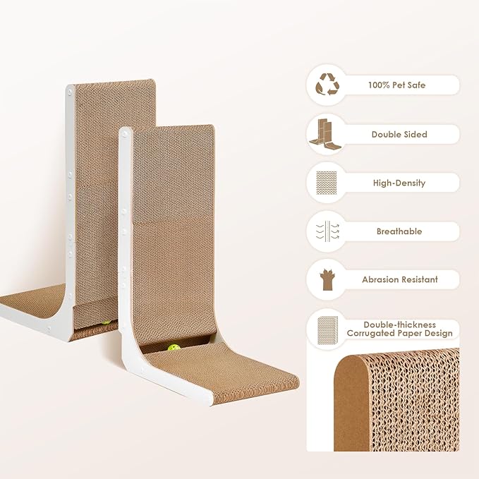 EHEYCIGA Cardboard Cat Scratcher for Indoor Cats, 26.8 Inch L Shaped Vertical Cat Scratching Board with Ball Cat Toy, Large Cat Scratcher Pad, White