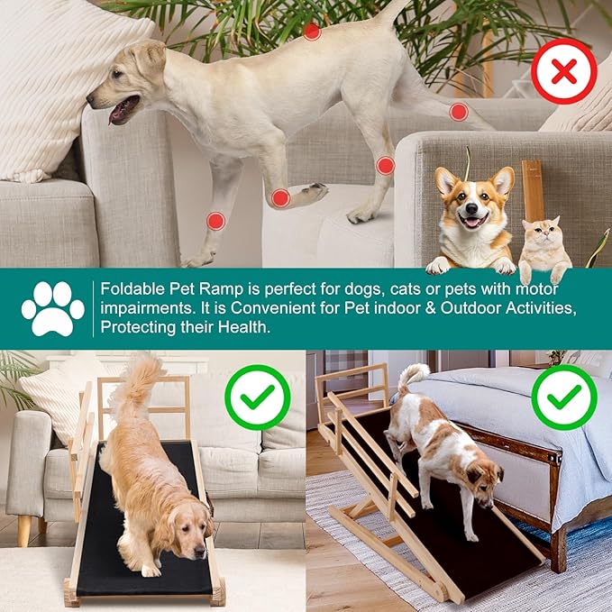 Dog Ramp for Bed, Adjustable Pet Ramps for Dog to Get on Bed, Non-Slip Rubber Surface - Folding Wooden Dog Ramp for Small/Large/Old Dogs, Adjustable up to 27.5 inch High Beds, Safety Railings