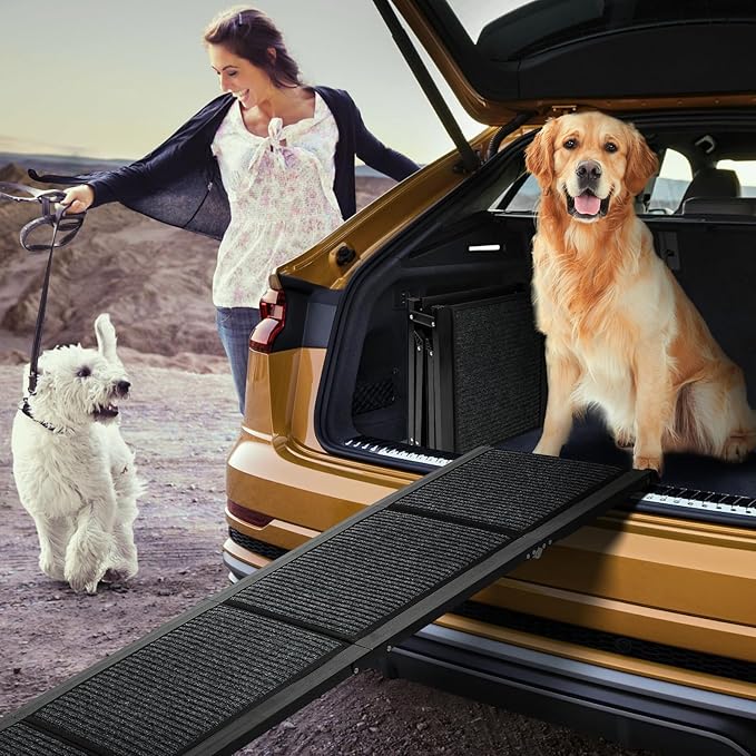 FAHKNS Dog Ramp for Car, 71" x 17" Extra Long Wide Folding Pet Ramp, Non-Slip Rug Surface, Aluminum, Black, Up to 300 LBS