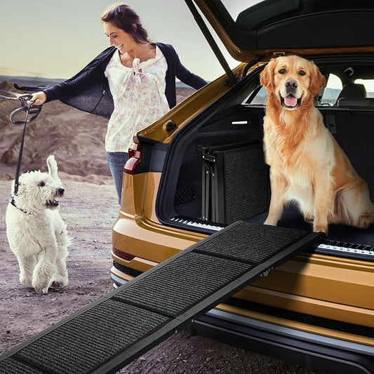 FAHKNS Dog Ramp for Car, 71" x 17" Extra Long Wide Folding Pet Ramp, Non-Slip Rug Surface, Aluminum, Black, Up to 300 LBS