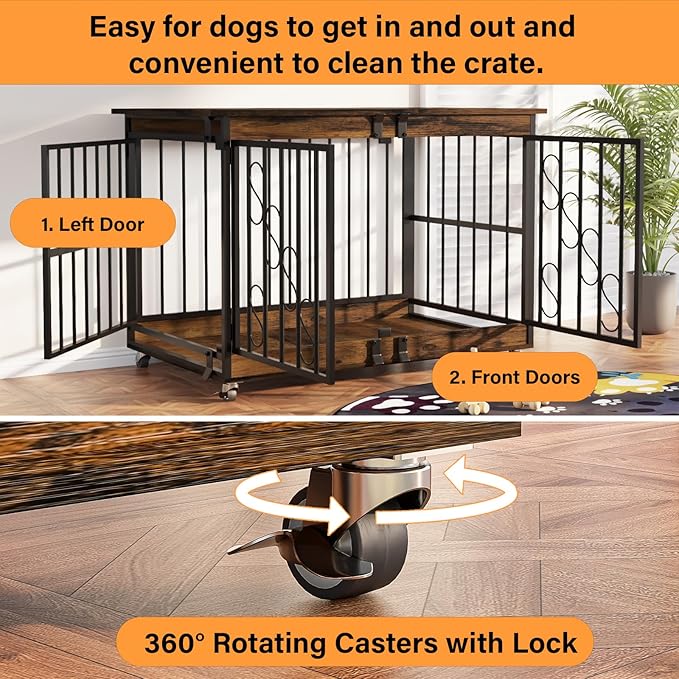 COZPAW Dog Crate Furniture, 48 Inch Dog Crates for Medium/Large Breed, Farmhouse Wood Metal Kennel Indoor Heavy Duty Pet Cage with Caster Wheels (Brown)