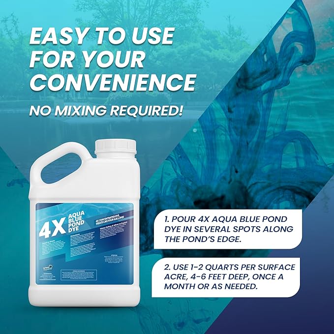 1 Gallon Aqua Blue Pond Dye 4X Concentrate, Lake & Pond Dye Blue for Aqua Colored Water, Ideal Lake Colorant, Aquashade Colorant That Protects Against Sunlight - Ideal for Fish and Wildlife