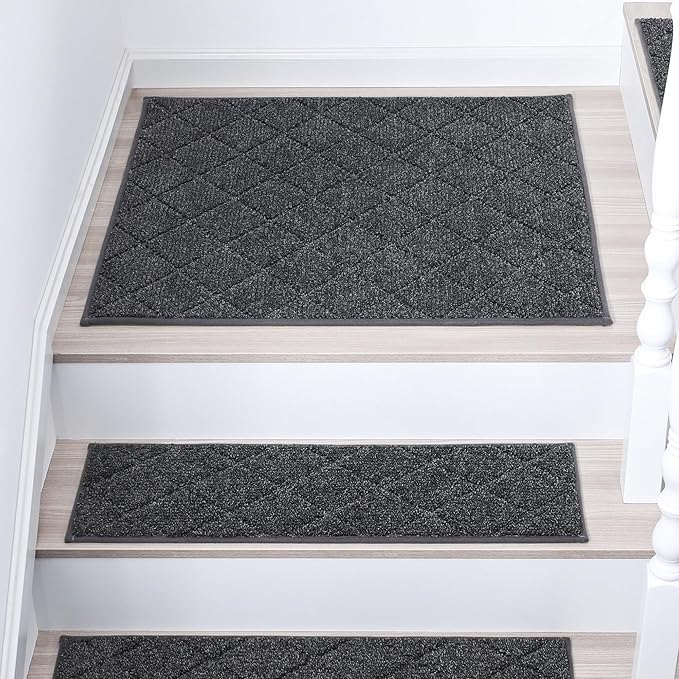 COSY HOMEER Edging Stair Treads Non-Slip Corner Indoor Stair Runners for Wooden Steps,Landing Slip Resistant Stair Rugs Mat for Kids and Dogs,100% Polyester TPE Backing,Black,30x30 inch