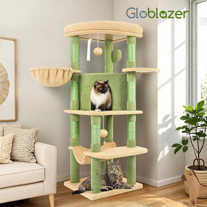 Globlazer Cactus Corner Cat Tree Tower with Scratching Post for Indoor Cats, 51in Multi-Level Cat Condo Tower with Large Hammock, Fan-Shaped Padded Perch, Spacious Cat Cave, Hanging Basket, C51, Green
