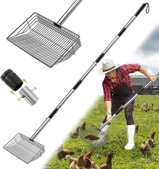 Esmorah 10 Inch Large Metal Chicken Poop Scooper for Sand & Coop Cleaning - Long Sifting Shovel with 24"-68" Adjustable Handle, 5 Lengths Heavy Duty Stainless Steel