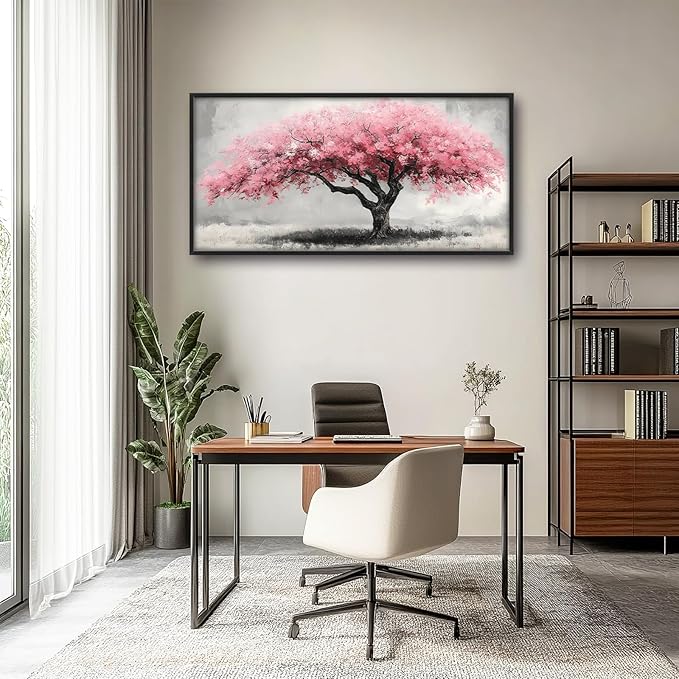 Extra Large Framed Pink Tree Wall Art,Abstract Tree of Life Wall Decor,Pink and Grey Pictures for Living Room,Canvas Print Painting Modern Artwork Bedroom Office Bathroom Home Decor 60L x30W