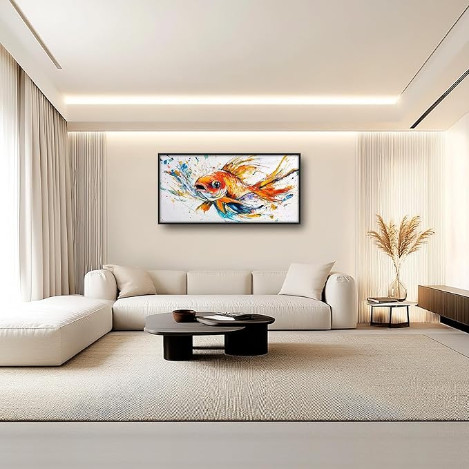 Framed Large Fish Wall Art for Living Room, Oversized Graffiti Goldfish Wall Decor Watercolor Fishing Canvas Painting Modern Artwork Home Decoration for Living Room Bedroom Office 60"x30"