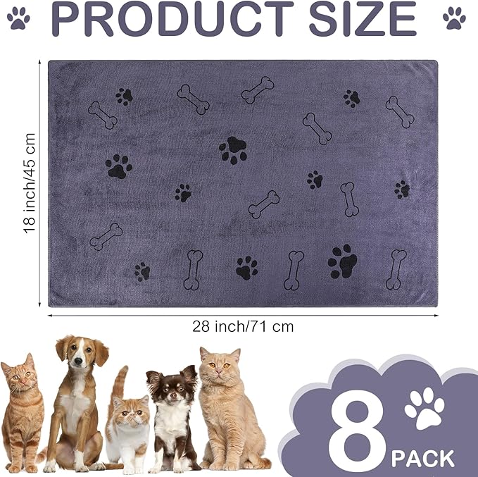 Chumia 8 Pcs Dog Towels for Drying Dogs Cats Pet Towels Bulk Puppy Microfiber Quick Drying Paw Bath Bathing Supplies Absorbent for Medium Pets(Gray,18 x 28 Inch)