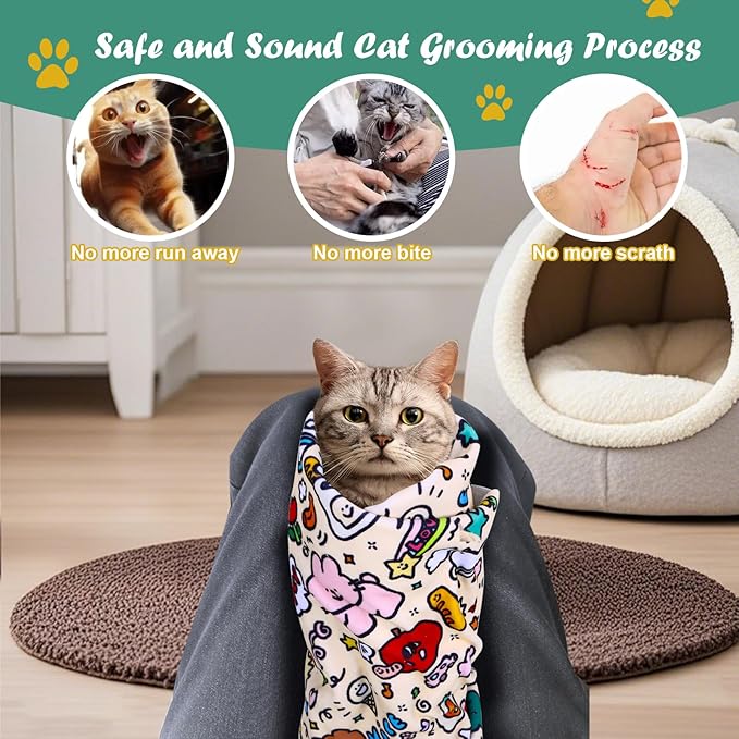 Cat Wrap for Cutting Nails and Grooming(27" x27"), Cat Restraint Wrap for Nail Clipping,Self-Adhesive Fabric Cat Swaddle Burrito Wrap for Nail Trimming (Graffiti Style)