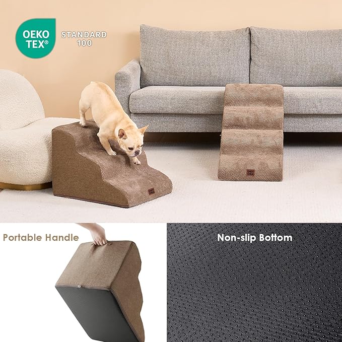 EHEYCIGA Curved Dog Stairs Ramp for Small Dogs 15.7" H, 3-Step Dog Steps for Couch Sofa and Chair, Pet Stairs for Cats, Non-Slip Balanced Pet Steps Indoor, Camel