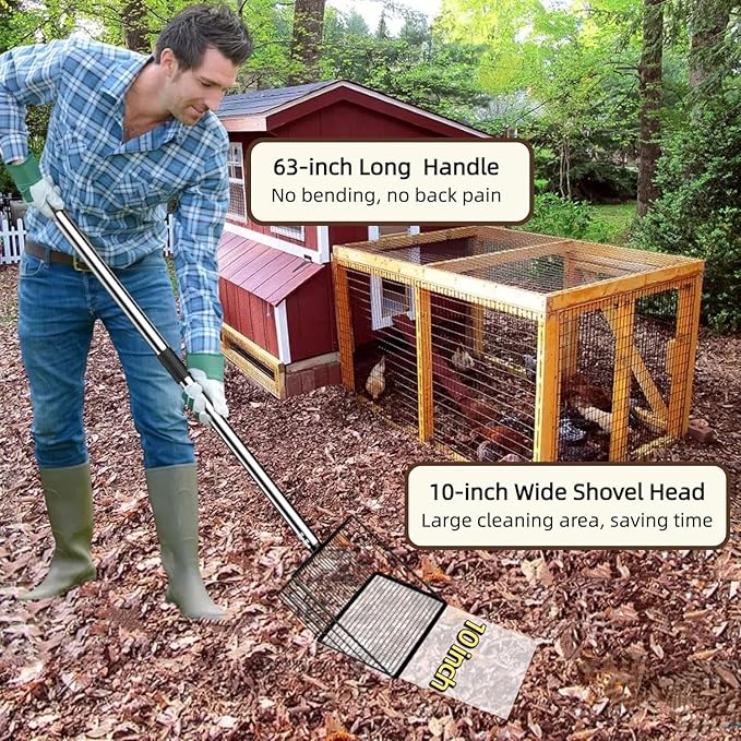 Chicken Poop Scooper for Sand - 10-inch 37 to 63" Long Chicken Coop Scoop with Stainless Steel Handle, Chicken Coop Cleaning Rake for Poop, Large Hen Litter Sifter Shovel