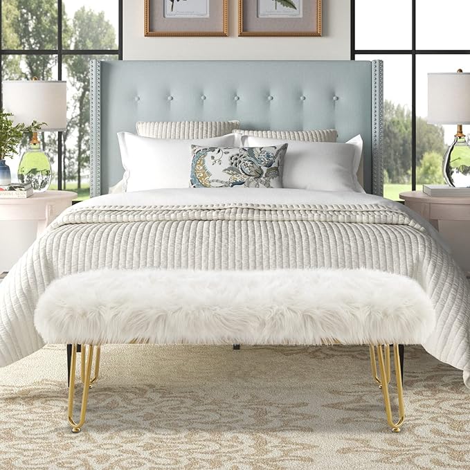 42.5Inch White Bedroom Bench, Benches for Bedroom White Faux Fur Upholstered Bed end Bench, Tufting Bench Indoor Bench with Metal Legs for Living Room Bedroom Dining Room Entryway