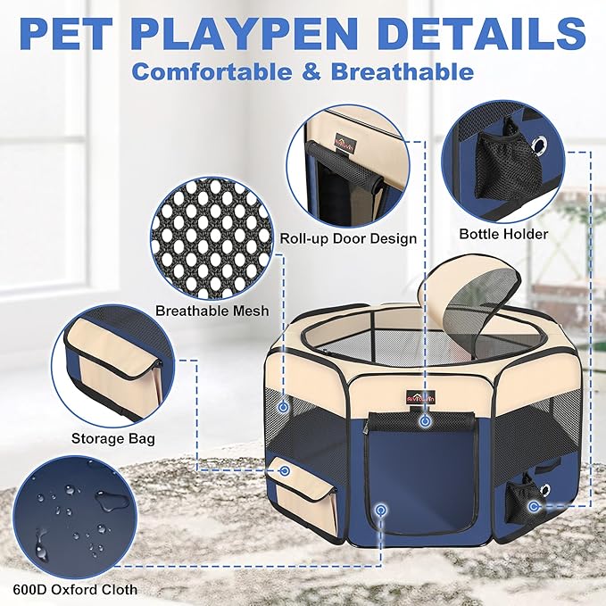Aivituvin Dog Playpen, Foldable Pet Play Pens with Carrying Bag for Cat, Puppies, Rabbits, Portable Dog Tent Crates Cage for Travel Camping Indoor Outdoor, Removable Shade Cover, Blue L
