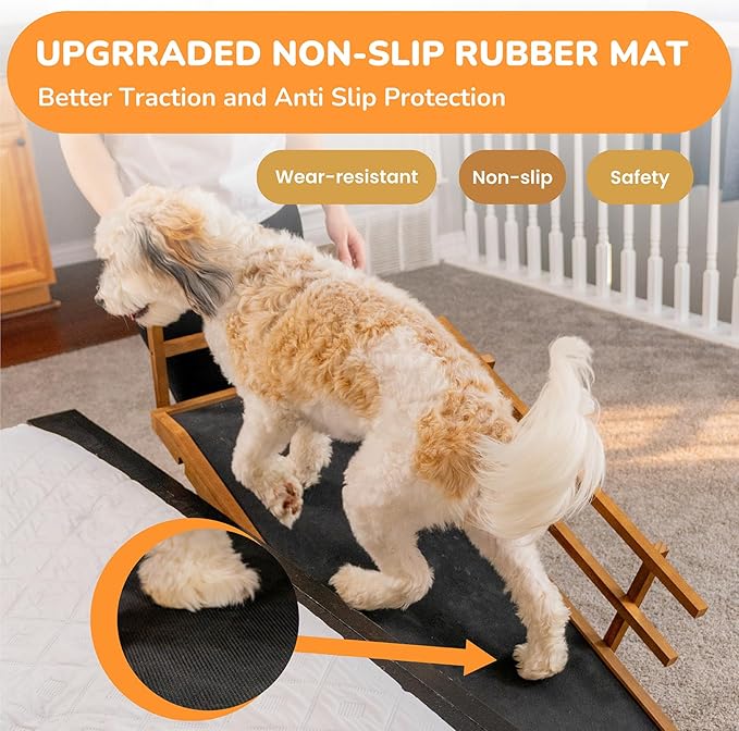 Dog Ramp for Bed, Adjustable Pet Ramps for Dog to Get on Bed, Non-Slip Rubber Surface - Folding Wooden Dog Ramp for Small/Large/Old Dogs, Adjustable up to 23.5 inch High Beds, Safety Railings