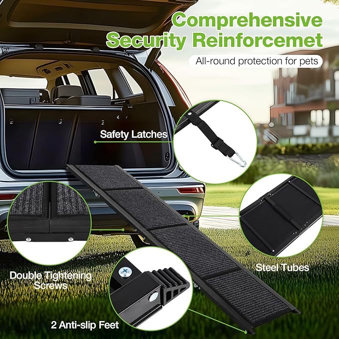 FAHKNS Dog Ramp for Car, 71" x 17" Extra Long Wide Folding Pet Ramp, Non-Slip Rug Surface, Aluminum, Black, Up to 300 LBS