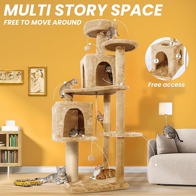 59in Large Cat Tree Tower for Indoor Cats with Soft Plush Hang Ball, Two Condos, Sisal Scratch Posts & Rope Play for Kittens/Adult Cats, New Beige