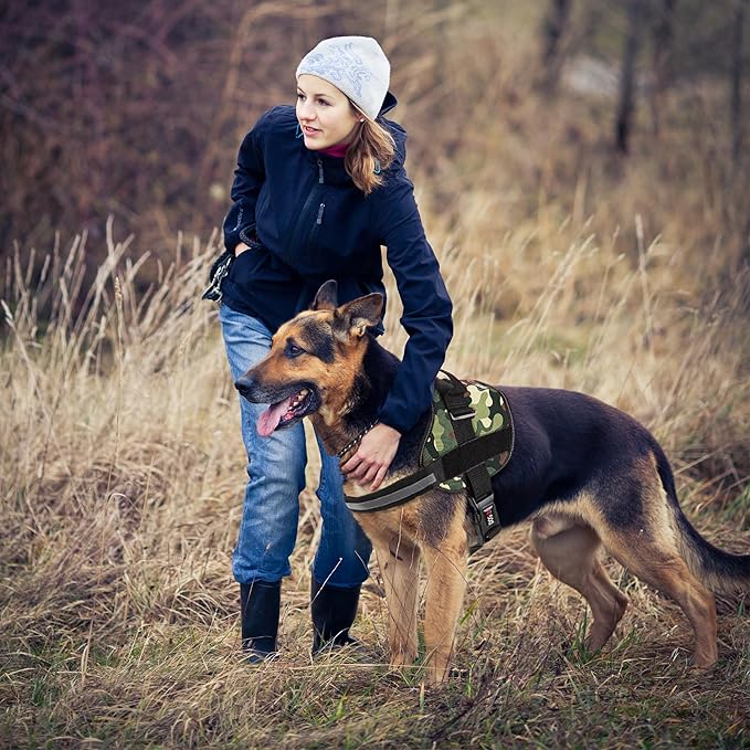 Dogline Dog Harness, Reflective No-Pull Adjustable Vest with Handle for Walking, Training, Breathable, No - Choke Harness for Small, Medium or Large Dogs Room for Patches Girth 22"-28" in Green Camo