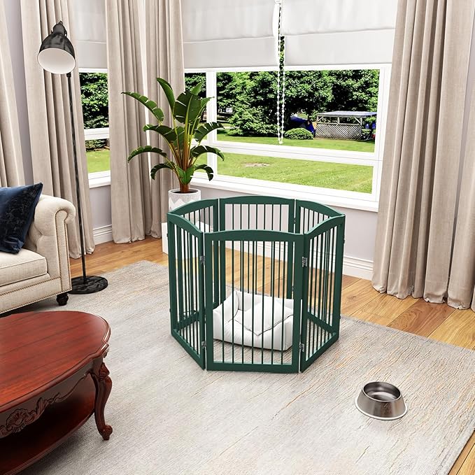 Freestanding Pet Gate for Dogs, Foldable Wooden Dog Gate for House, Extra Wide Indoor Pet Barrier for Stair, Doorway, Hall, Support Feet Included, 120 Inch Wide, 6 Panels 24",Green