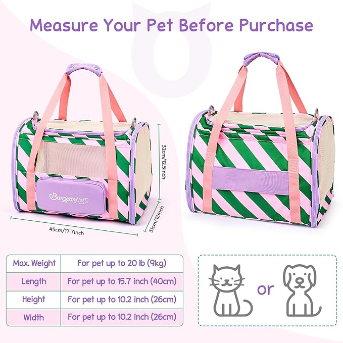 BurgeonNest Cat Carrier, Dog Cat Carriers for Large Medium Cats Under 20 lbs, Soft Sided Pet Carrier, Collapsible Travel Carry Puppy Kitten Cat Carrier with Big Side Bag (Medium, Pink-Green)