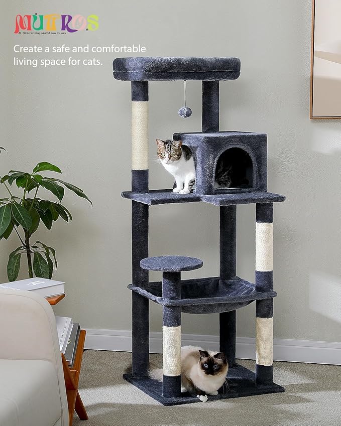 Cat Tree for Large Cats with Metal Plush Big Hammock, 56.3" Cat Tower for Indoor Cats with 2 Door Condo House, 6-Tier Cat Shelves with Scratching Posts and Large Top Perch, Dark Gray