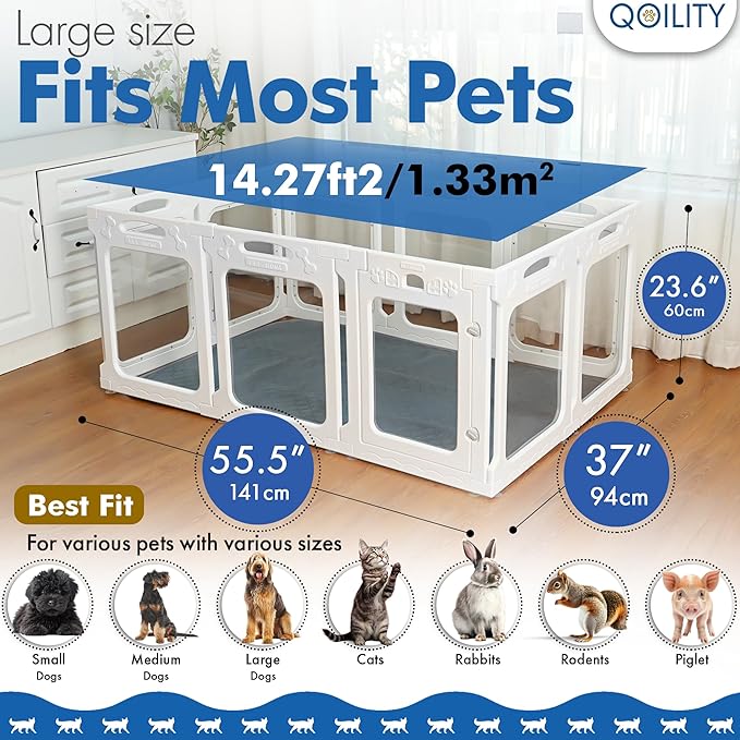 Clear Dog Play Pen Indoor, Effectively Relieves Indoor Pet Anxiety, 56" x 37" x 23.6"H, Suitable for Dogs and Puppies, White