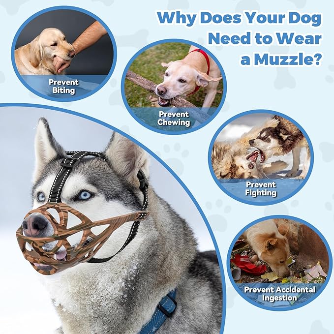 Dog Muzzle for Large Dogs, Breathable Basket Muzzles for Small, Medium and X-Large Aggressive Dog, Allows Panting Drinking, Suitable for Grooming Trimming Training (Camouflage Brown, XL)