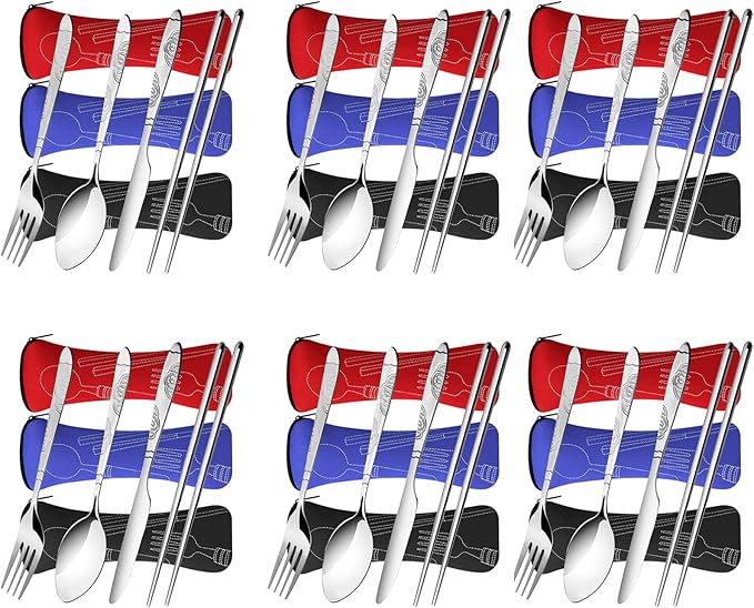 6 Pack Reusable Flatware Sets Knife, Fork, Spoon, Chopsticks, 24Pcs Portable Travel Stainless Steel Tableware Dinnerware with Carrying Case