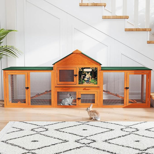 COZIWOW 82” Extra Large Fashion Wooden Outdoor Rabbit Hutch Bunny Cage Indoor Easy to Assemble and Durable with Cleaning Tray & Waterproof Roof for Small & Medium Bunny Rabbit Duck Chick (Orange)