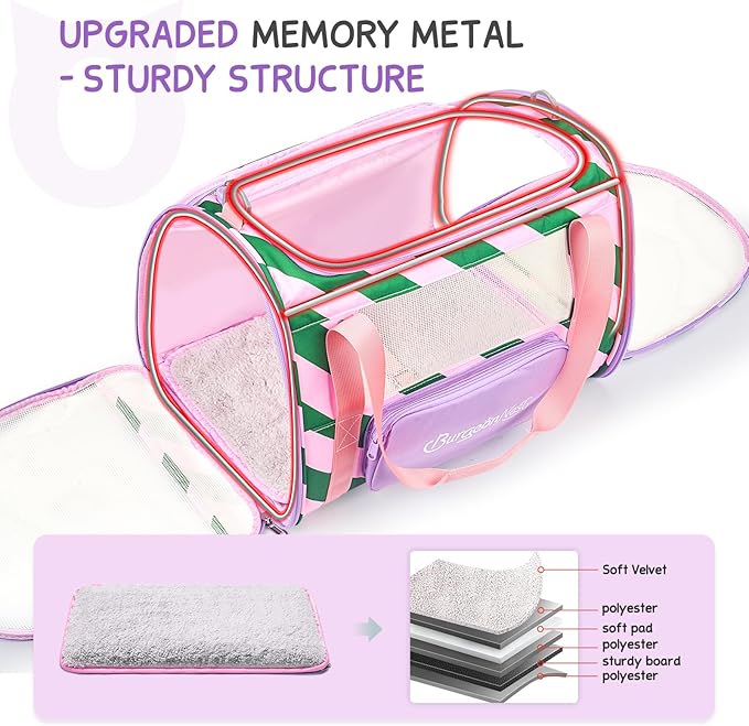 BurgeonNest Cat Carrier, Dog Cat Carriers for Large Medium Cats Under 20 lbs, Soft Sided Pet Carrier, Collapsible Travel Carry Puppy Kitten Cat Carrier with Big Side Bag (Medium, Pink-Green)