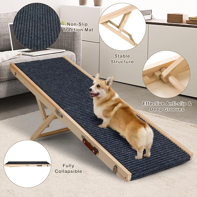 Folding Dog Ramp Safety for Bed, Wooden 5 Adjustable Height Pet Ramps, Potable Dog Steps with Non-Slip Traction Mat, Dog Step, Dogs Stairs for SUV Car, Couch, Safe,Height Bed(47.3 Inch Long)