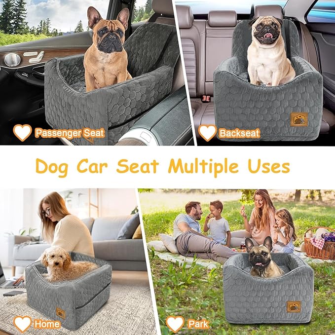 Dog Car Seat for Small/Medium Dogs, Memory Foam Dog Booster Seat, Travel Safety Per Car Seat with Washable Removable Cover, Storage Pockets for Dogs up to 35 lbs(Gray)