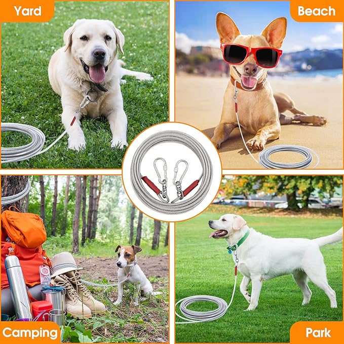 Dog Tie Out Cable for Dogs Outside Up to 125/250lbs,10/20/30/50FT Long Dog Leashes&Chains,Small-Large Dogs Runner Cable for Yard,Heavy Duty Lead Line for Outdoor,Camping,Yard(250lbs 20FT, Silver)