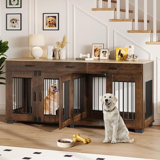71 Inch Dog Crate Furniture for 2 Rooms, Wooden Double Crate Large Breed with Door, Dog Kennel Indoor, TV Stand End Table with Divider for Large Medium Dogs,Brown