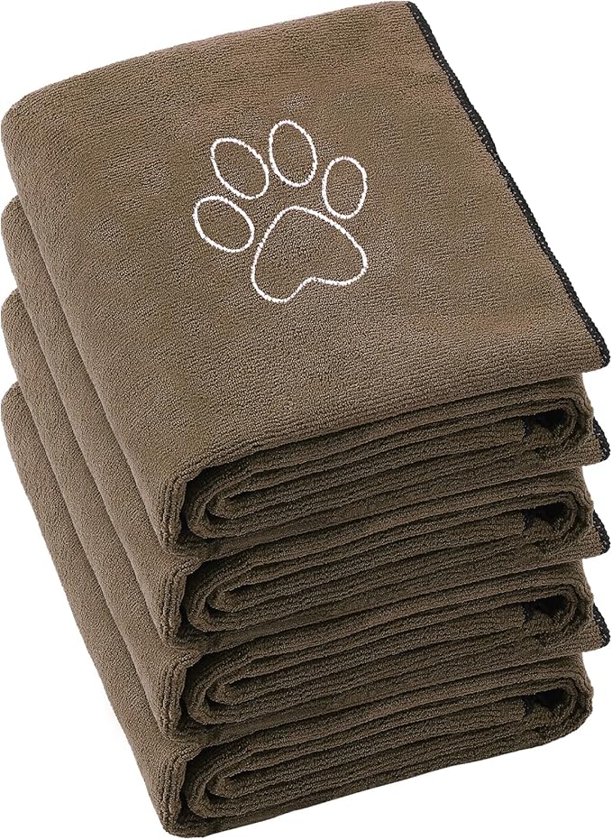 Chumia 4 Pack Dog Towels for Drying Large Microfiber Grooming Tools Absorbent Soft Bath Supplies with Embroidered Paw for Small Medium Pet Products(30 x 50 Inch,Brown)