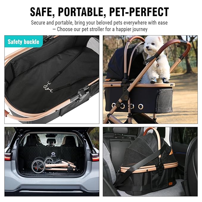 EchoSmile 4 in 1 Pet Stroller, Folding Lightweight Cat & Dog Stroller with Detachable Carrier, NO-Zip 180° Reversible Canopy, All Terrain 4-Wheel,45 lbs Capacity for Small to Medium Dogs