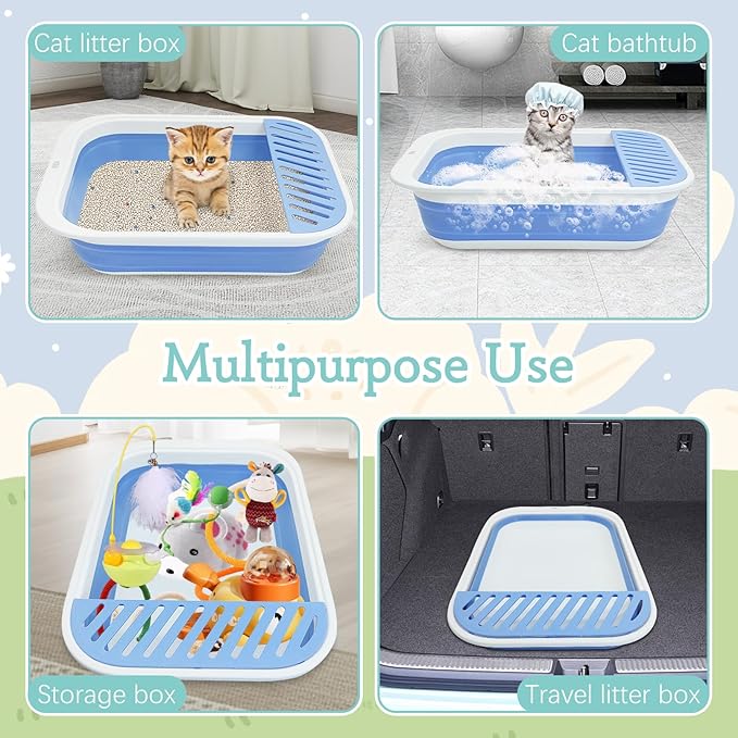 Fhiny Cat Litter Box Portable Shallow Litter Box 17.7"x13.4"x4.9" Foldable Cat Toilet with Scoop Open Kitty Potty Pan with Litter Drop Pedal Easy to Clean Travel Kitten Toilet(Blue)