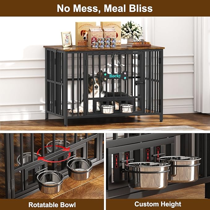 Easycom 41" Dog Crate Furniture Foldable, No Assembly Decorative Dog Kennel Indoor, Dog Crates for Large Dogs (40–65 lbs), Wooden Dog Cage with Adjustable Bowls and Name Tag, End Table, Rustic Brown