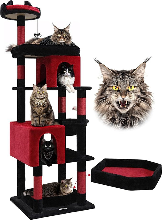 Globlazer Heavy Duty Gothic Cat Tree, 72in Large Cat Tower with Coffin Bed, Sturdy Maine Coon Cat Tree for Large Cats 20 lbs+, Medieval Castle Style with 6 Scratching Posts & Hammock, S72, Black & Red